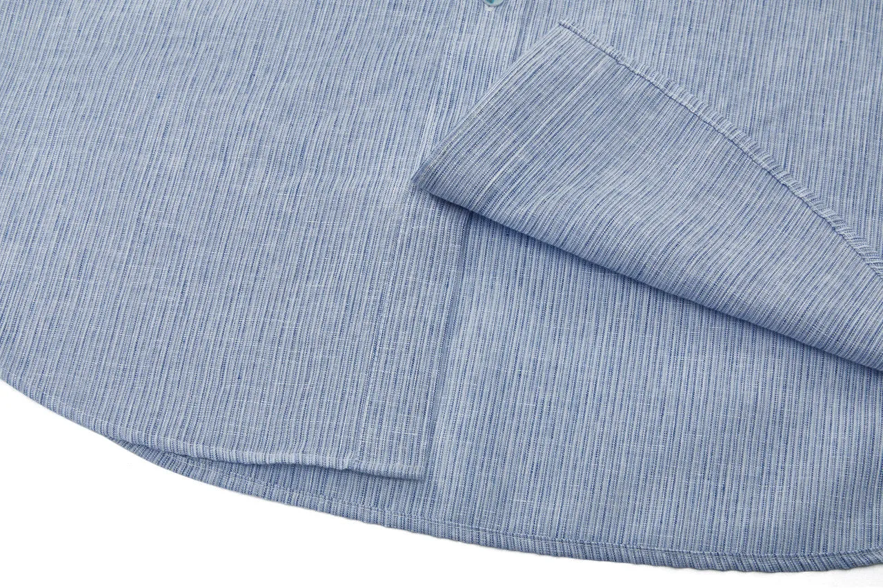 Linen Blend Stand Collar Stripe Casual Shirt in Smart Fit with Chest Pocket