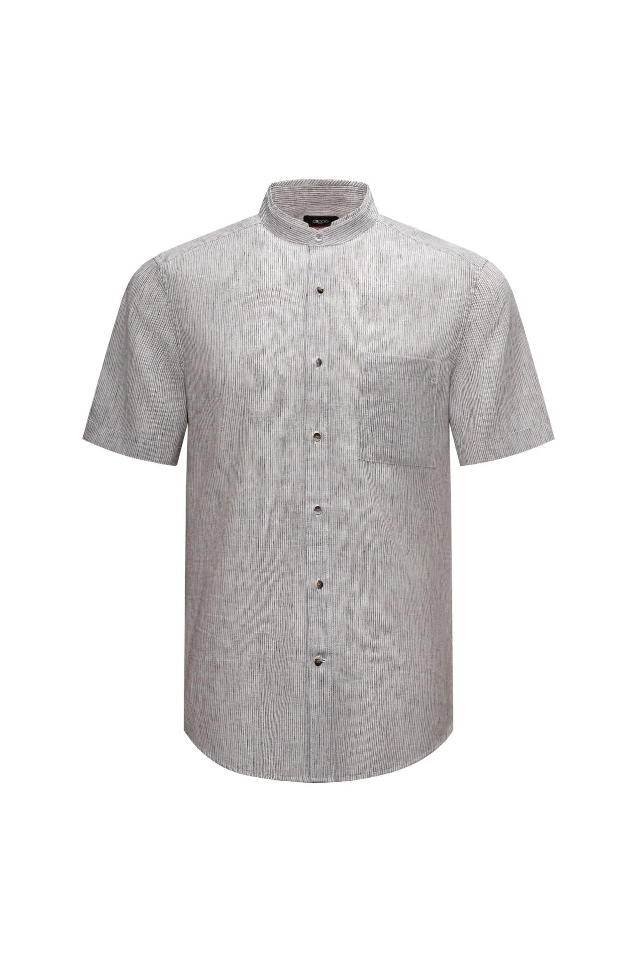 Linen Blend Stand Collar Stripe Casual Shirt in Smart Fit with Chest Pocket