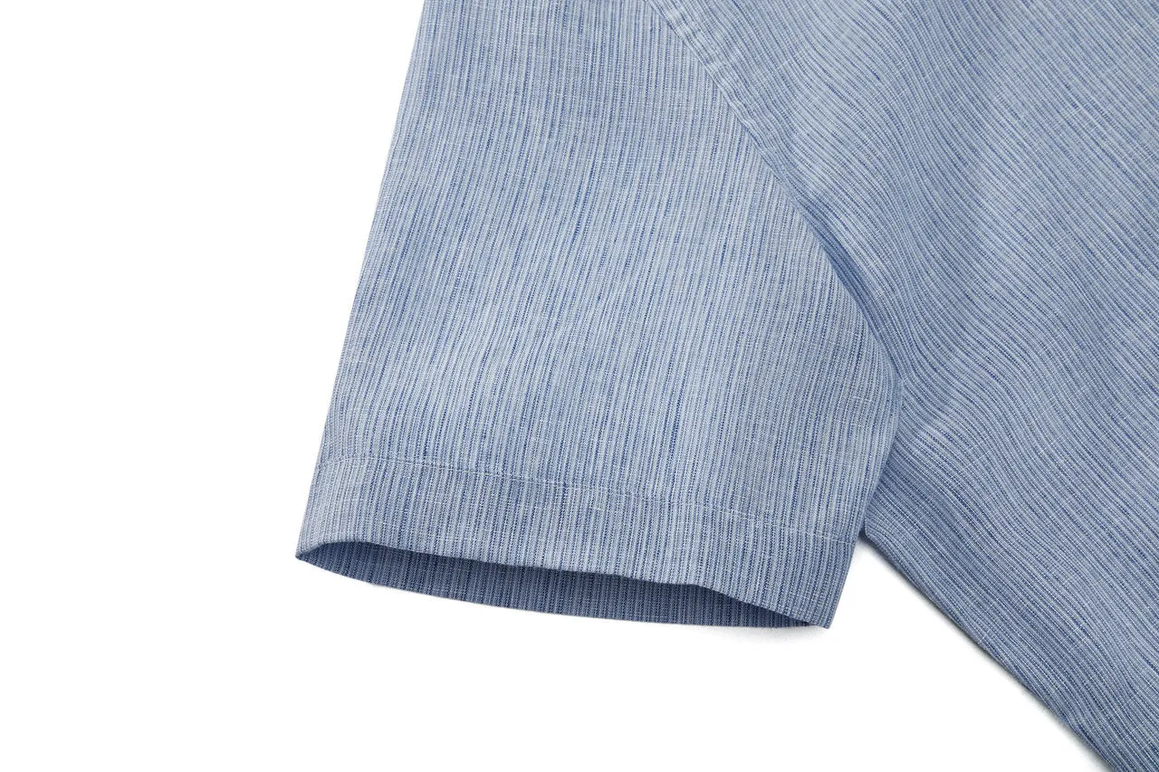 Linen Blend Stand Collar Stripe Casual Shirt in Smart Fit with Chest Pocket