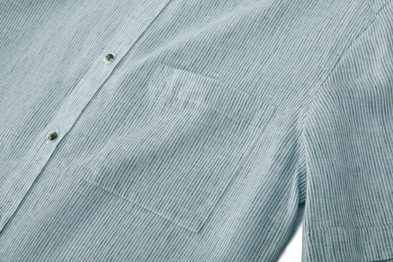 Linen Blend Stand Collar Stripe Casual Shirt in Smart Fit with Chest Pocket