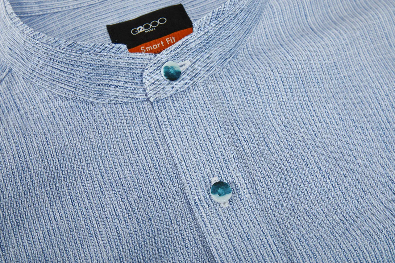 Linen Blend Stand Collar Stripe Casual Shirt in Smart Fit with Chest Pocket