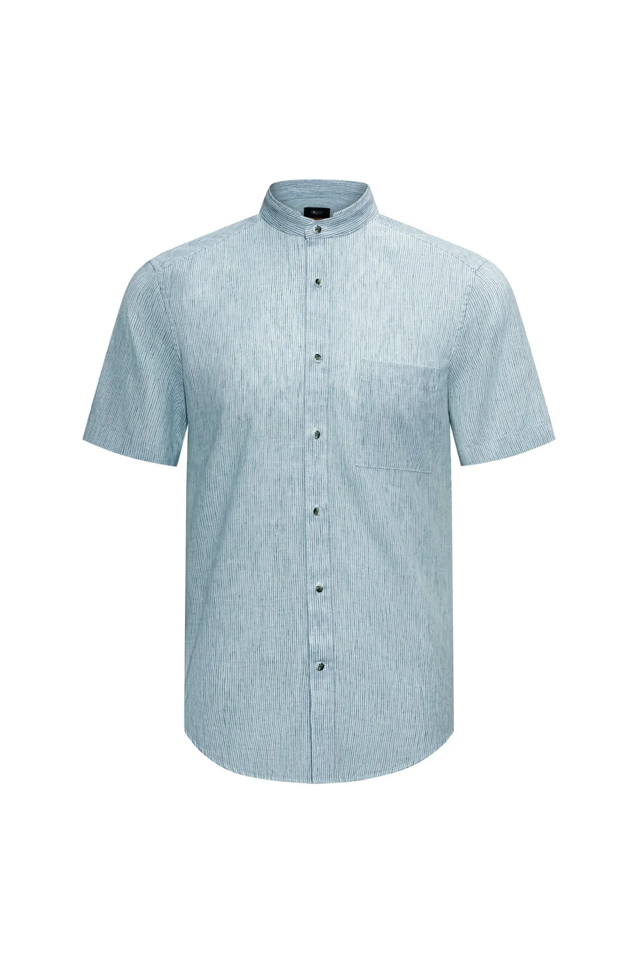 Linen Blend Stand Collar Stripe Casual Shirt in Smart Fit with Chest Pocket