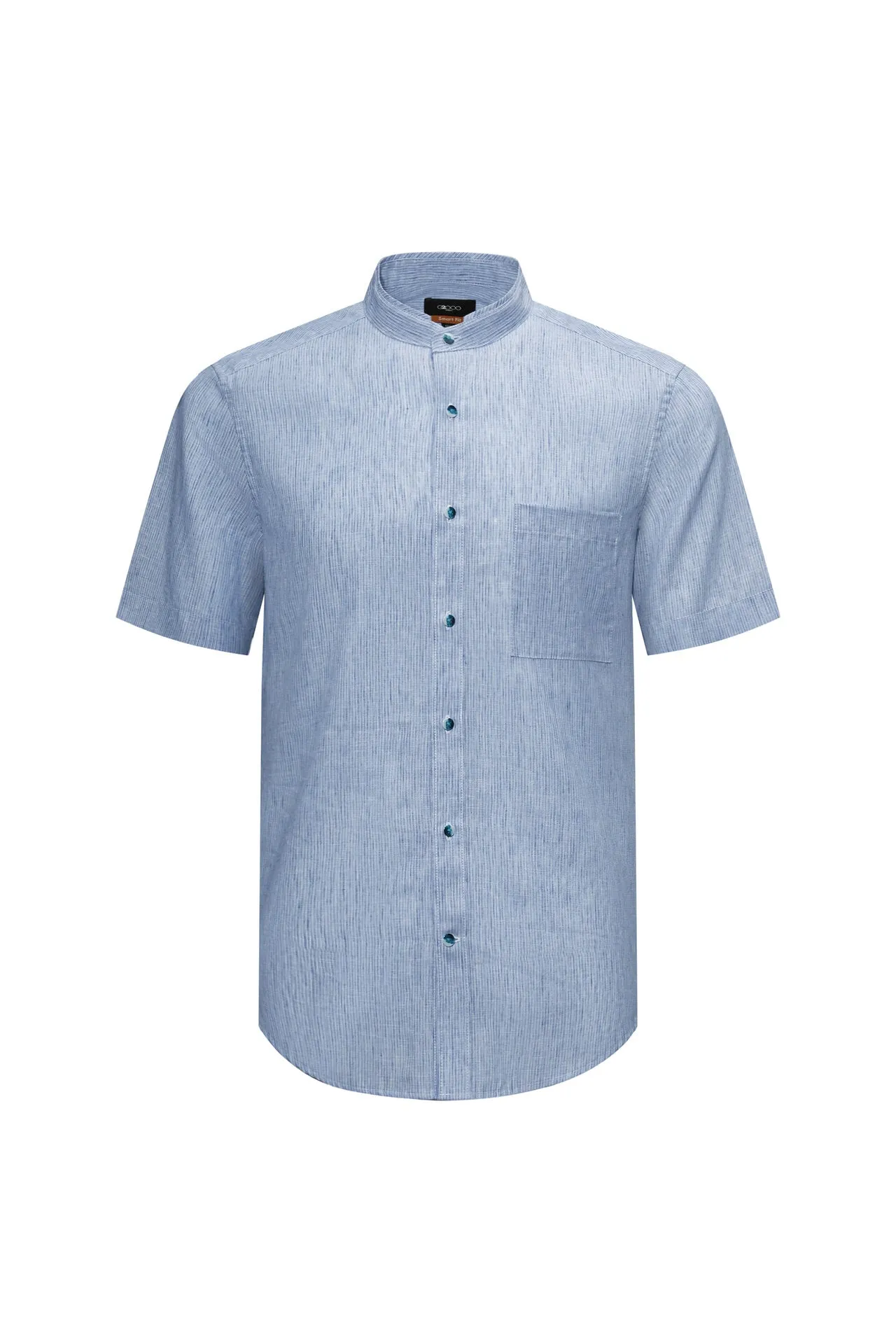 Linen Blend Stand Collar Stripe Casual Shirt in Smart Fit with Chest Pocket