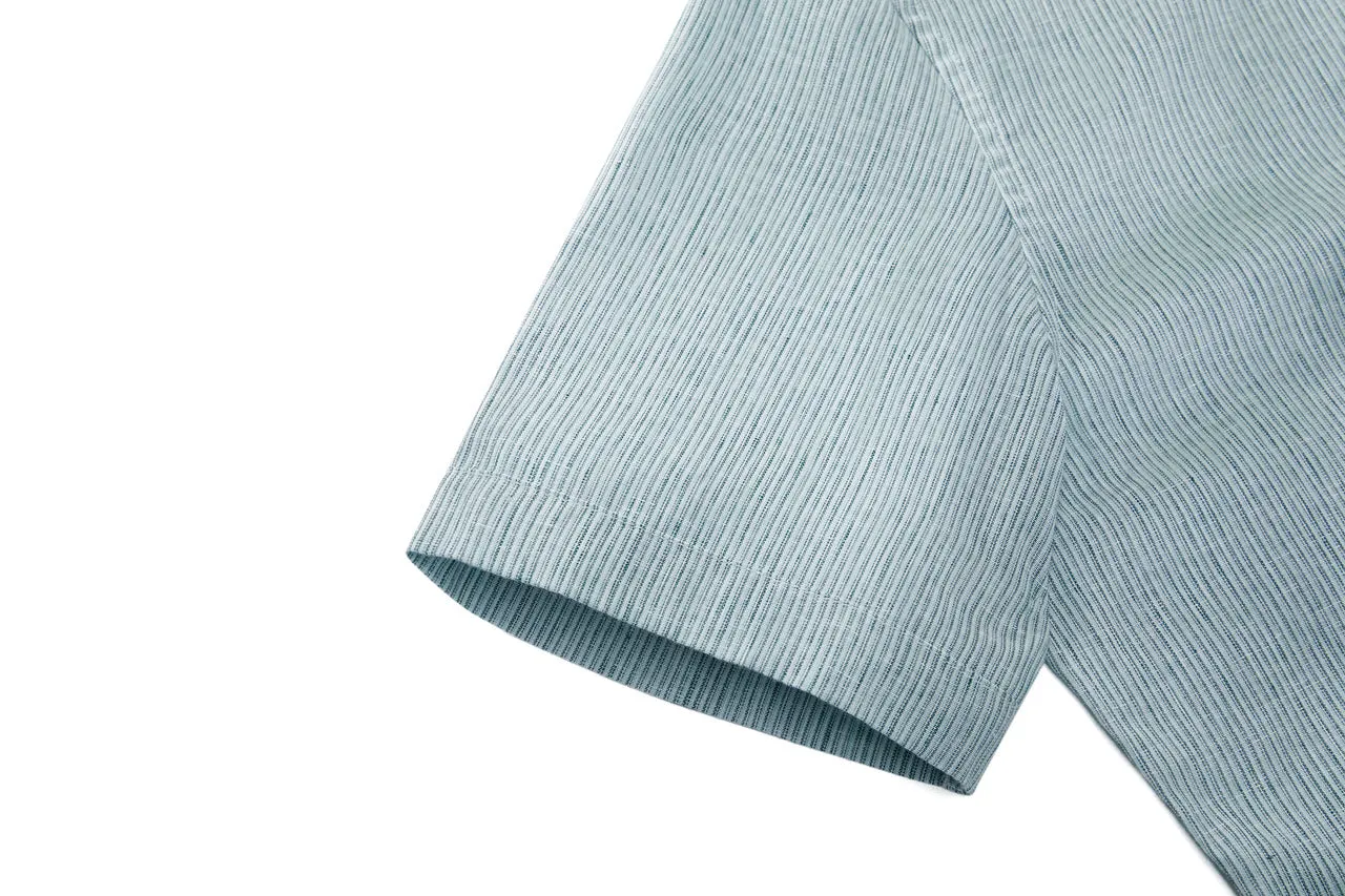 Linen Blend Stand Collar Stripe Casual Shirt in Smart Fit with Chest Pocket