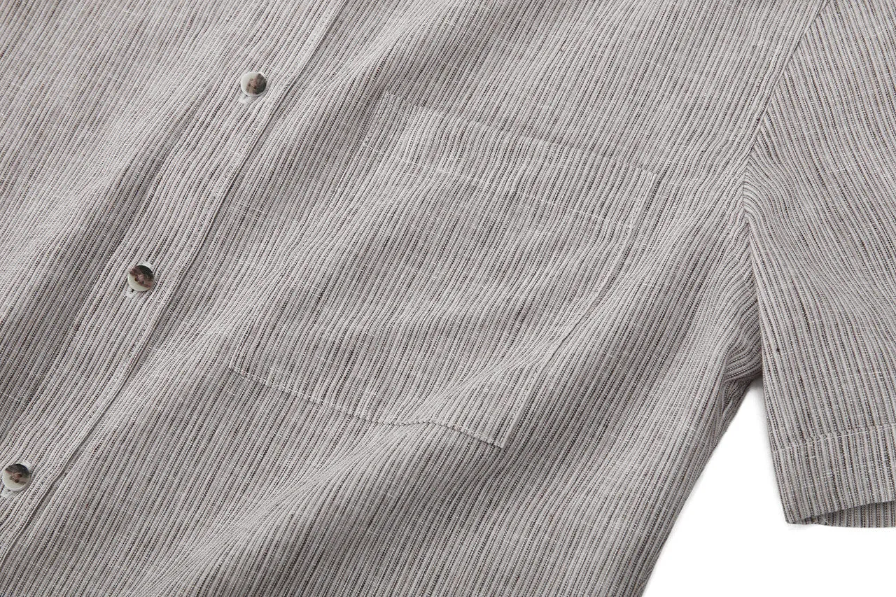 Linen Blend Stand Collar Stripe Casual Shirt in Smart Fit with Chest Pocket