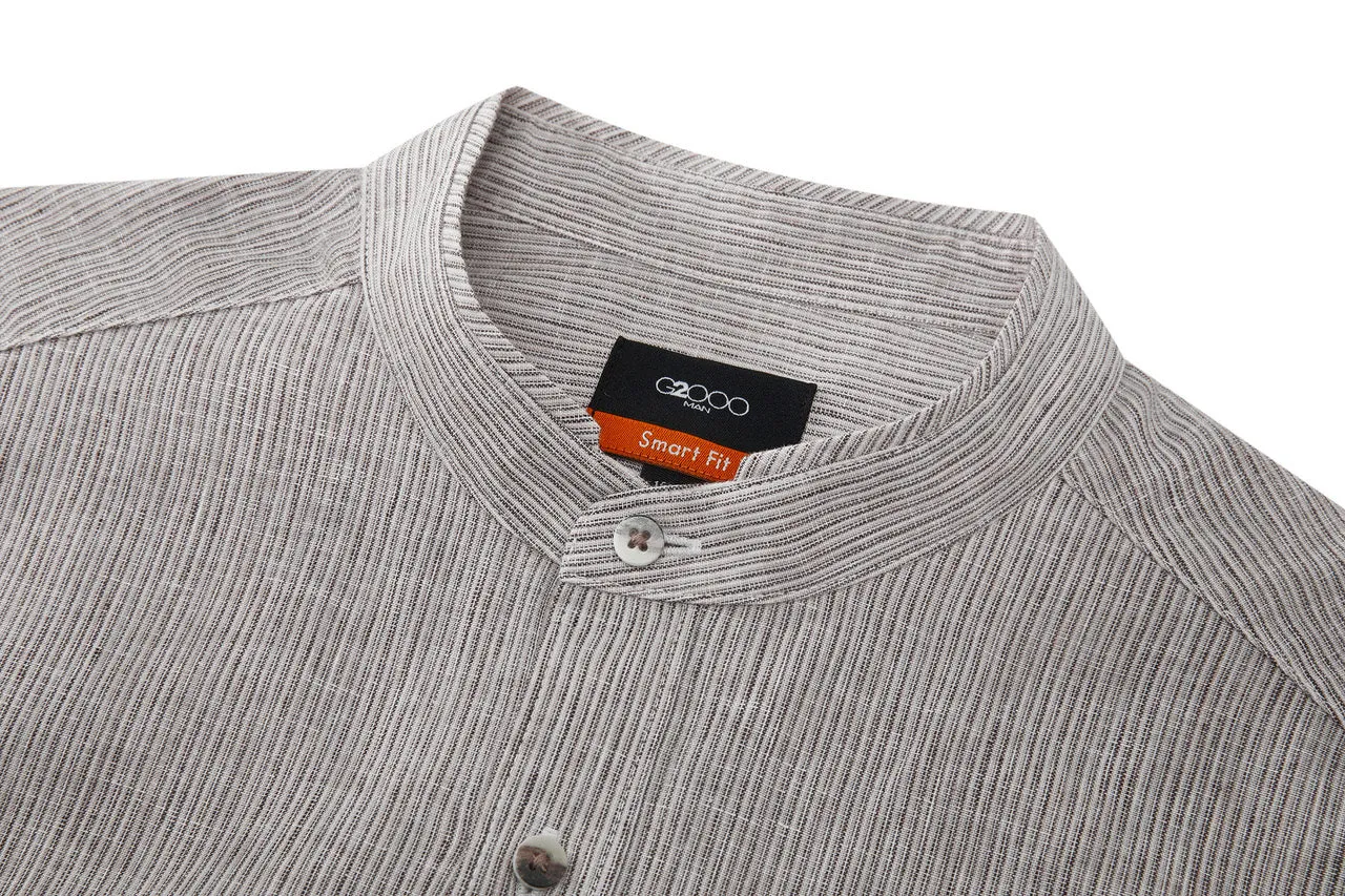 Linen Blend Stand Collar Stripe Casual Shirt in Smart Fit with Chest Pocket