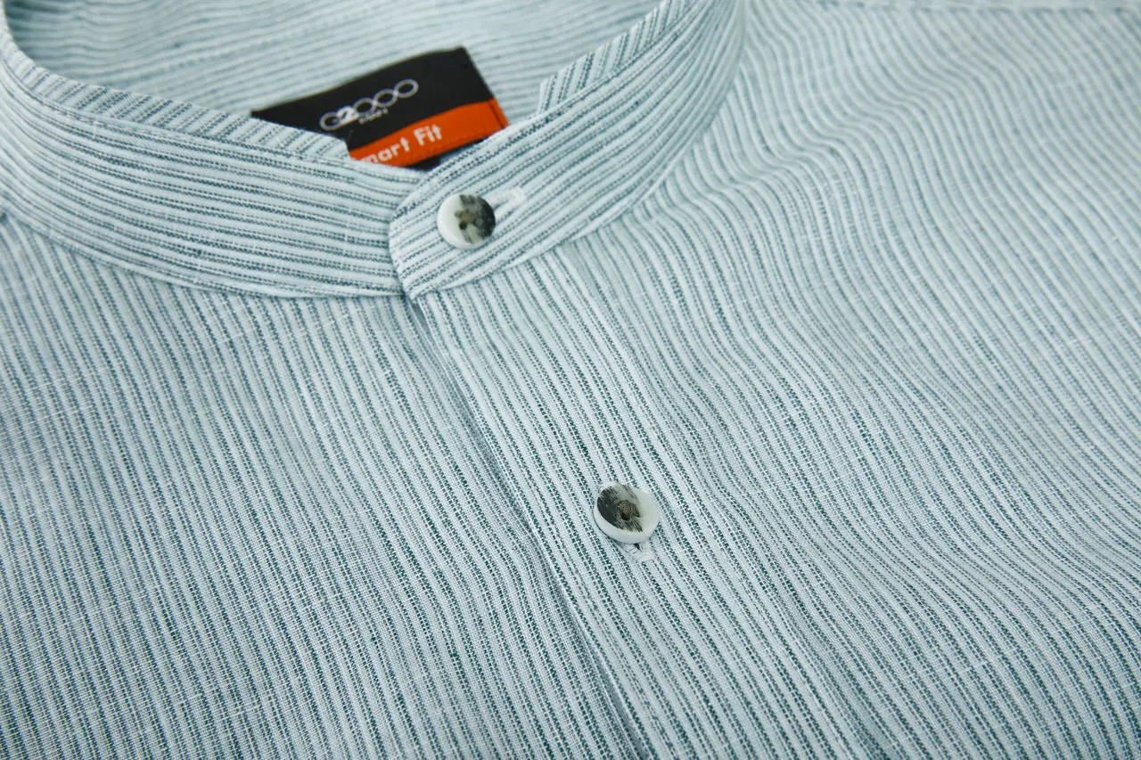 Linen Blend Stand Collar Stripe Casual Shirt in Smart Fit with Chest Pocket