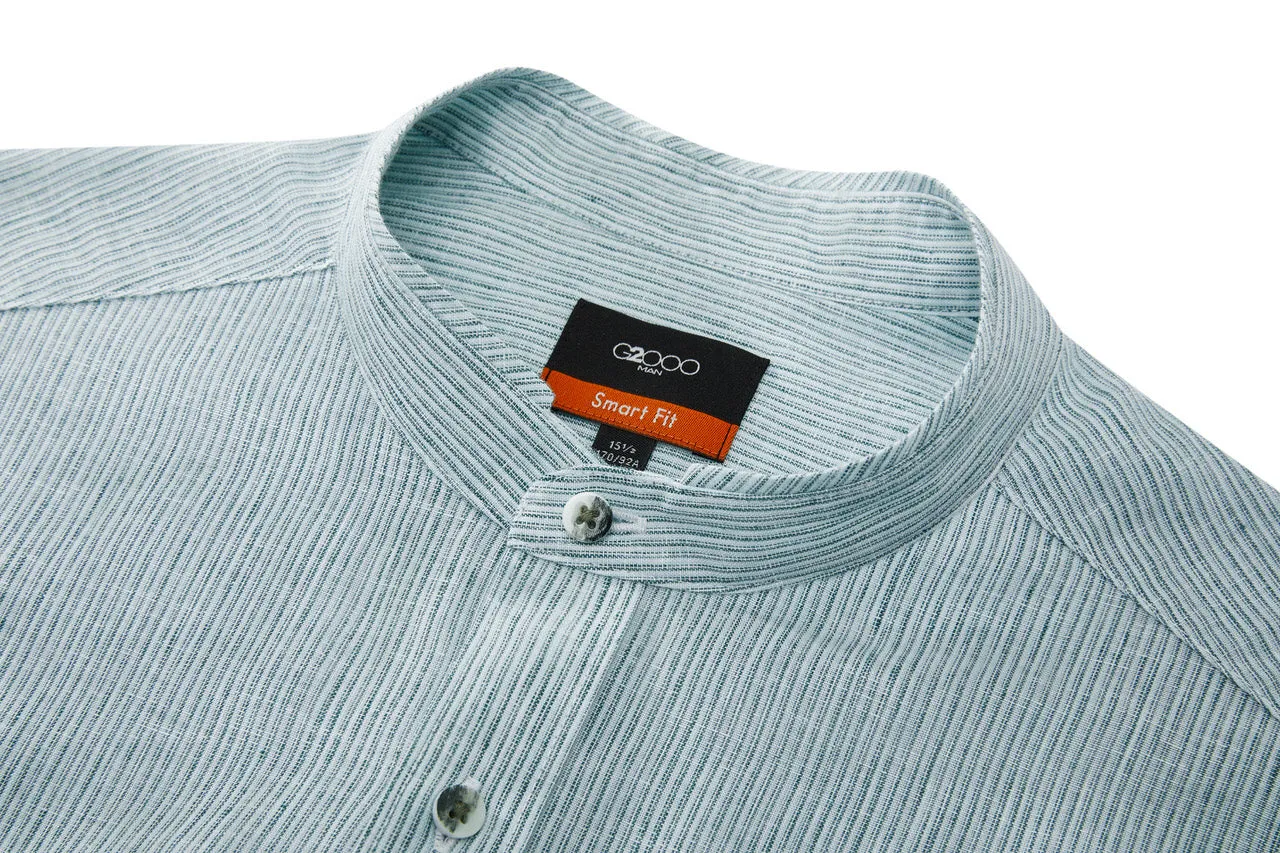 Linen Blend Stand Collar Stripe Casual Shirt in Smart Fit with Chest Pocket