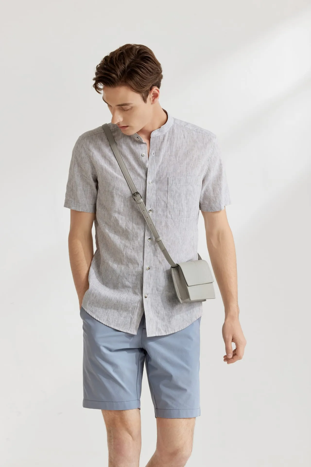Linen Blend Stand Collar Stripe Casual Shirt in Smart Fit with Chest Pocket