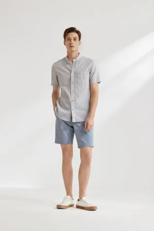 Linen Blend Stand Collar Stripe Casual Shirt in Smart Fit with Chest Pocket