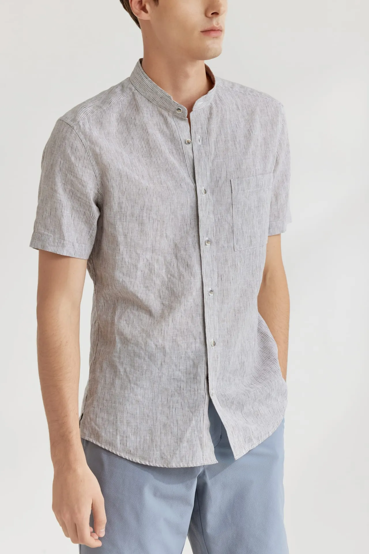 Linen Blend Stand Collar Stripe Casual Shirt in Smart Fit with Chest Pocket