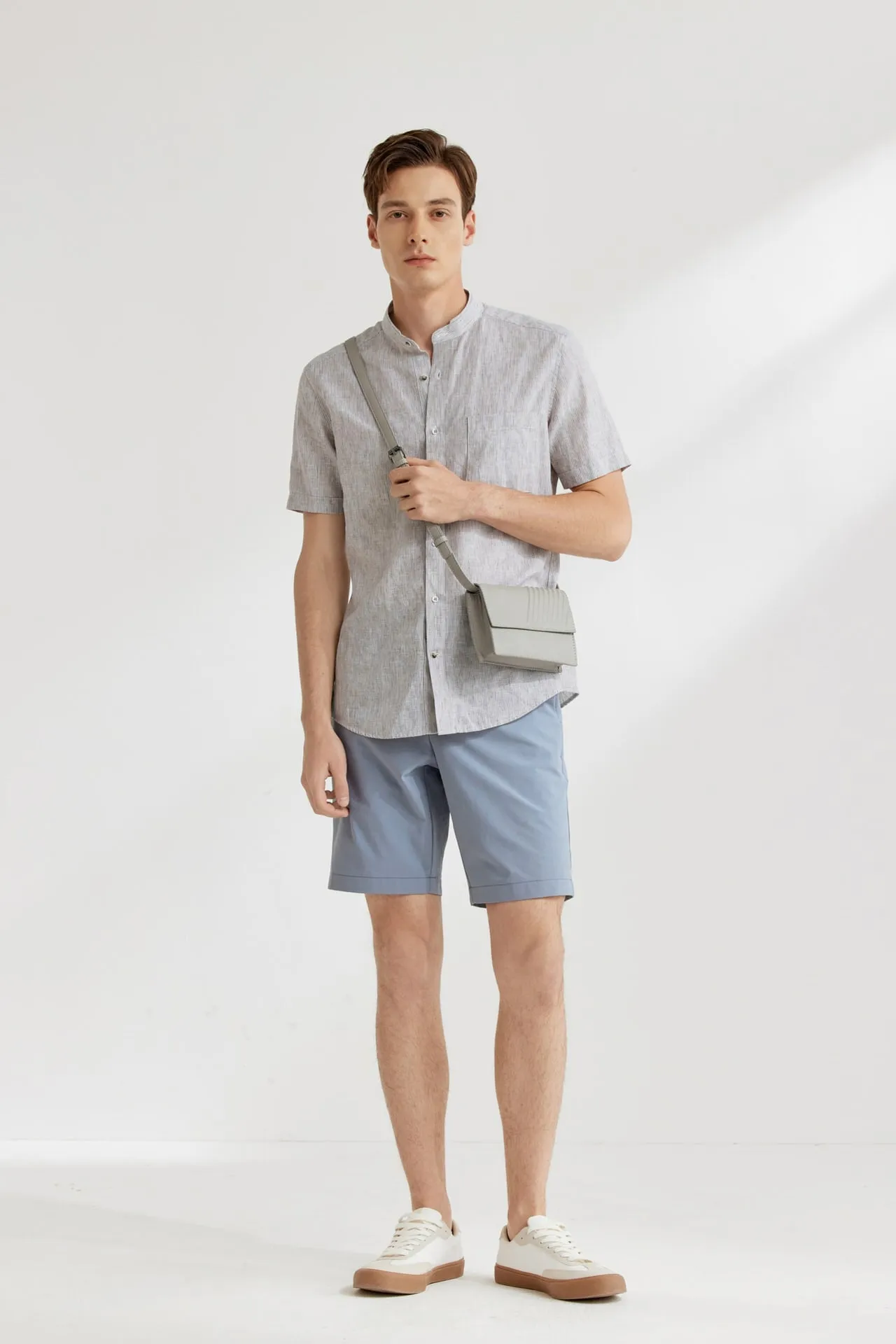 Linen Blend Stand Collar Stripe Casual Shirt in Smart Fit with Chest Pocket