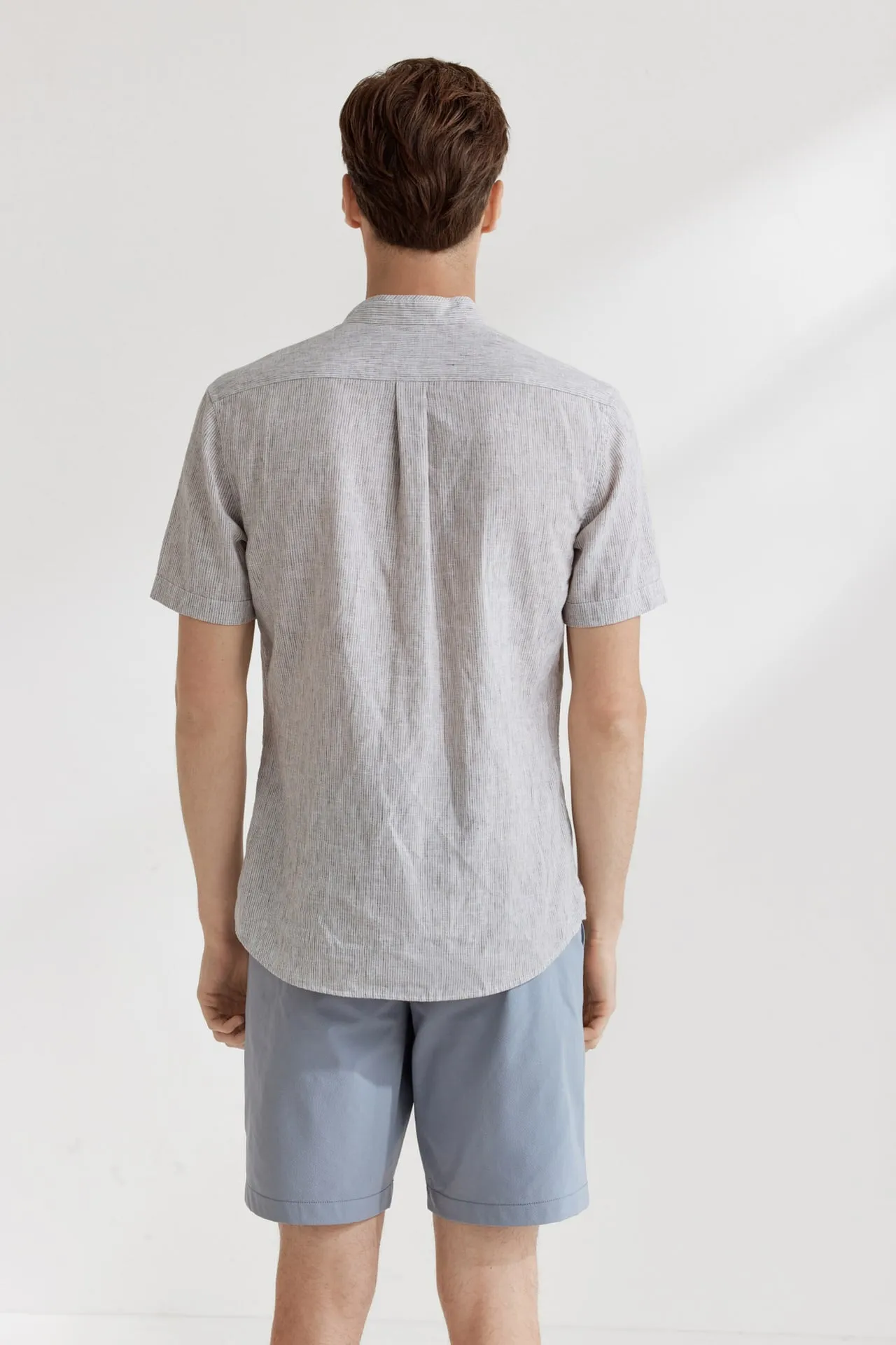 Linen Blend Stand Collar Stripe Casual Shirt in Smart Fit with Chest Pocket