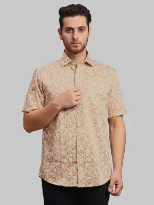 Men Brown Tailored Fit Print Cotton Half Sleeve Shirts