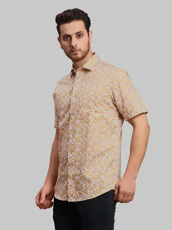 Men Brown Tailored Fit Print Cotton Half Sleeve Shirts