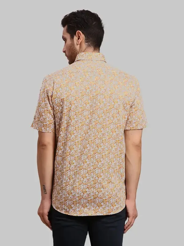 Men Brown Tailored Fit Print Cotton Half Sleeve Shirts