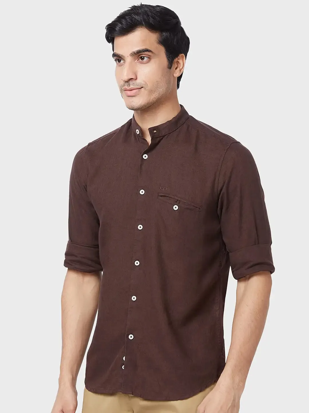 Men Brown Tailored Fit Solid Piece Dyed Linen Blend Full Sleeve Shirts