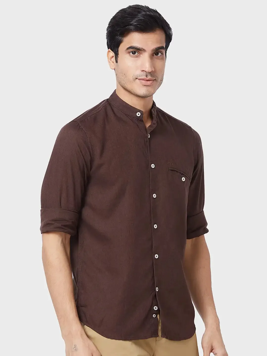 Men Brown Tailored Fit Solid Piece Dyed Linen Blend Full Sleeve Shirts