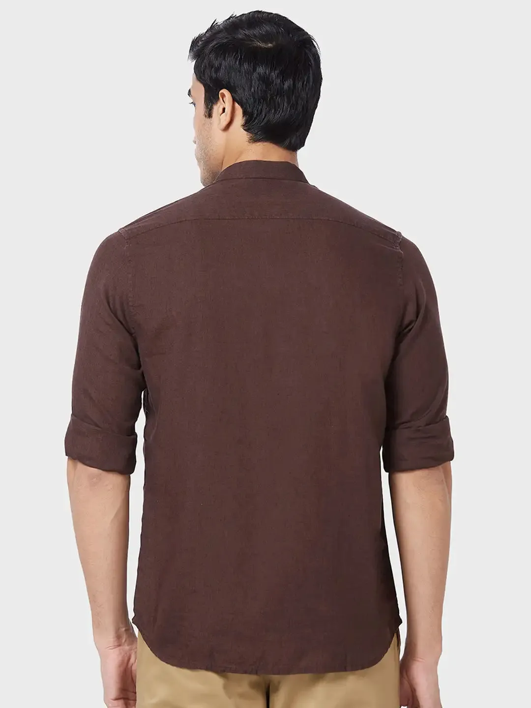 Men Brown Tailored Fit Solid Piece Dyed Linen Blend Full Sleeve Shirts
