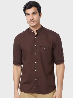 Men Brown Tailored Fit Solid Piece Dyed Linen Blend Full Sleeve Shirts
