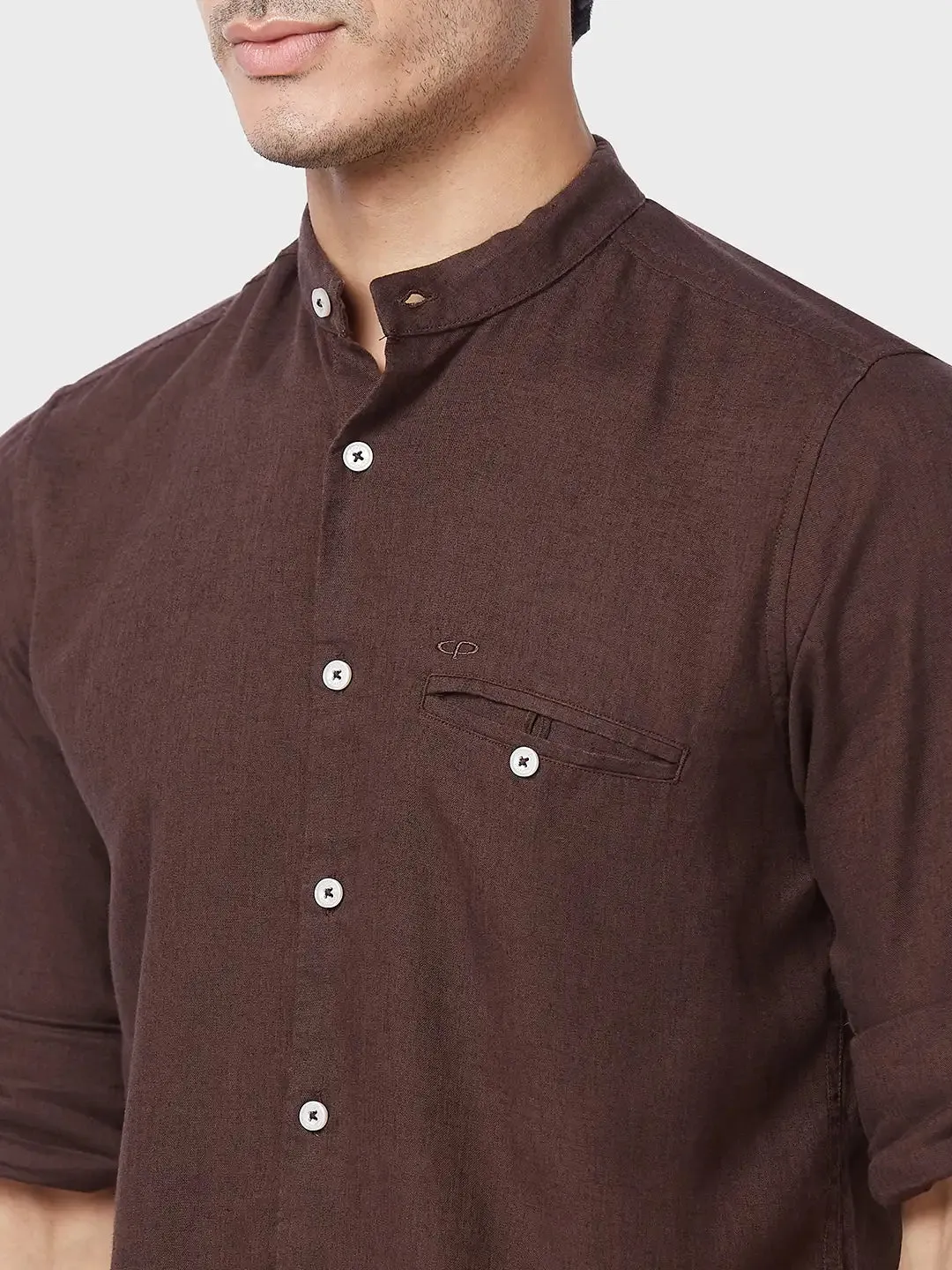 Men Brown Tailored Fit Solid Piece Dyed Linen Blend Full Sleeve Shirts