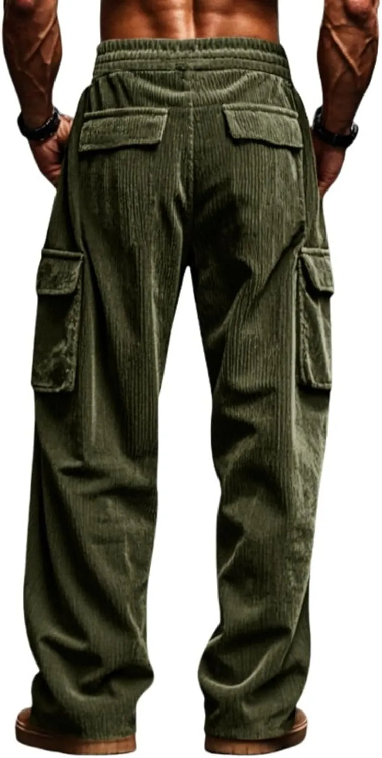 Mens Corduroy Cargo Pants Relaxed Fit Joggers Breathable Beach Pants Lightweight Elastic Drawstring Sweatpants Comfy