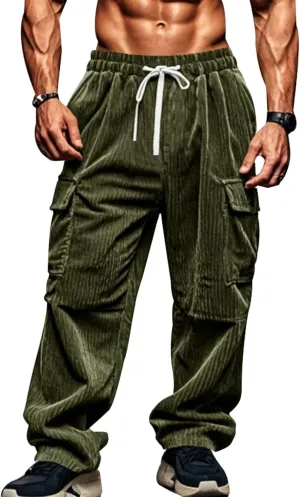 Mens Corduroy Cargo Pants Relaxed Fit Joggers Breathable Beach Pants Lightweight Elastic Drawstring Sweatpants Comfy