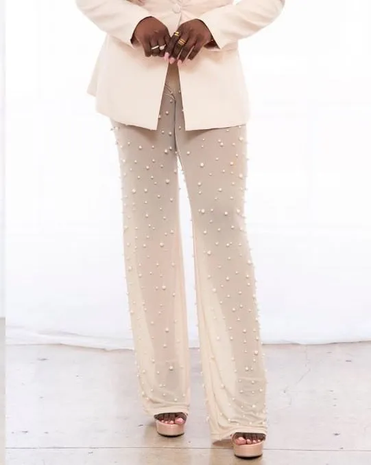 Mesh Beaded Wide-Leg Beaded Trousers