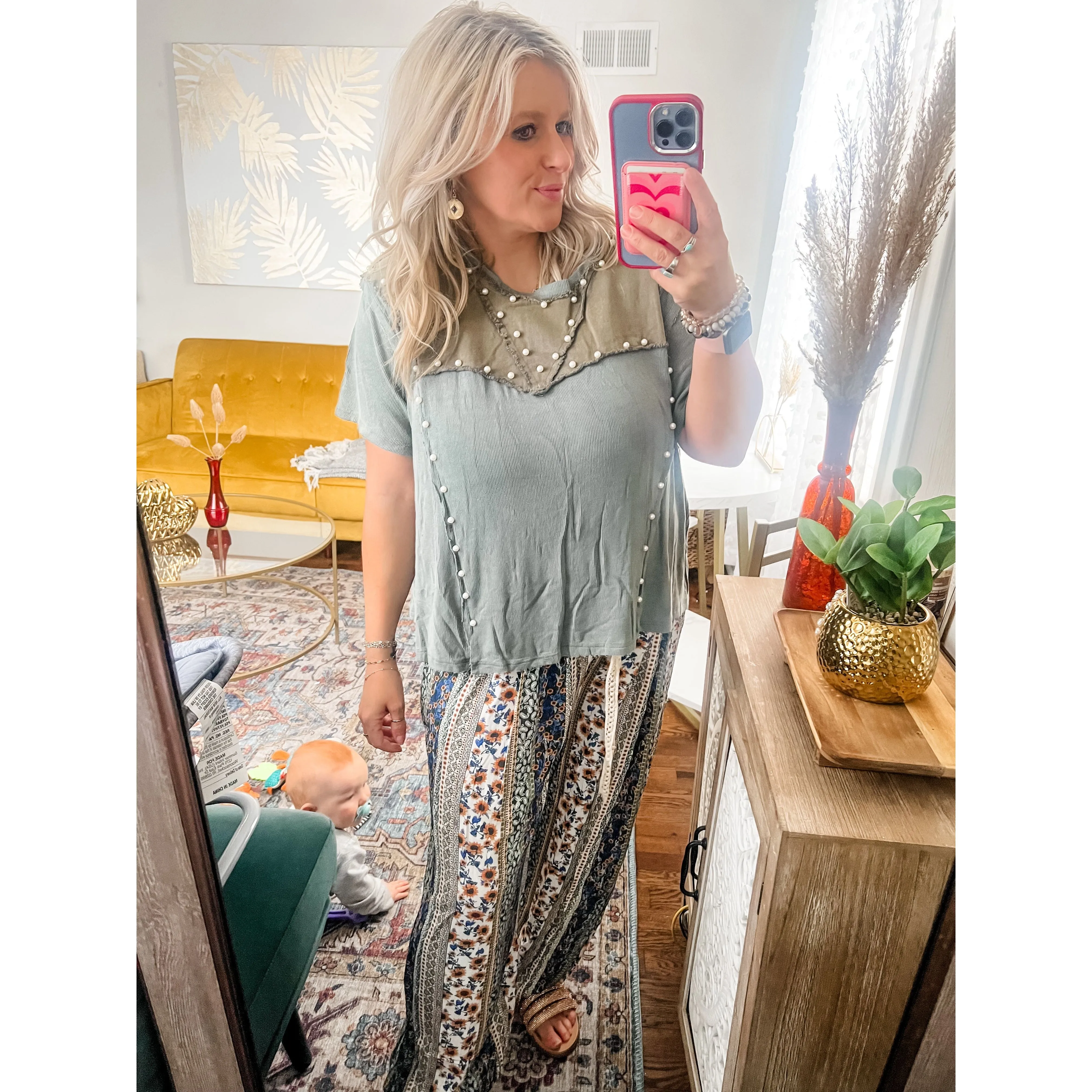 Multi Colored Printed Pants-Olive
