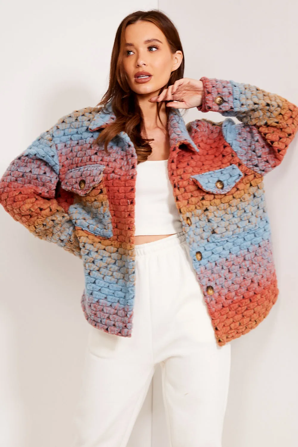 Multi Colour Knitted Button Up Shacket