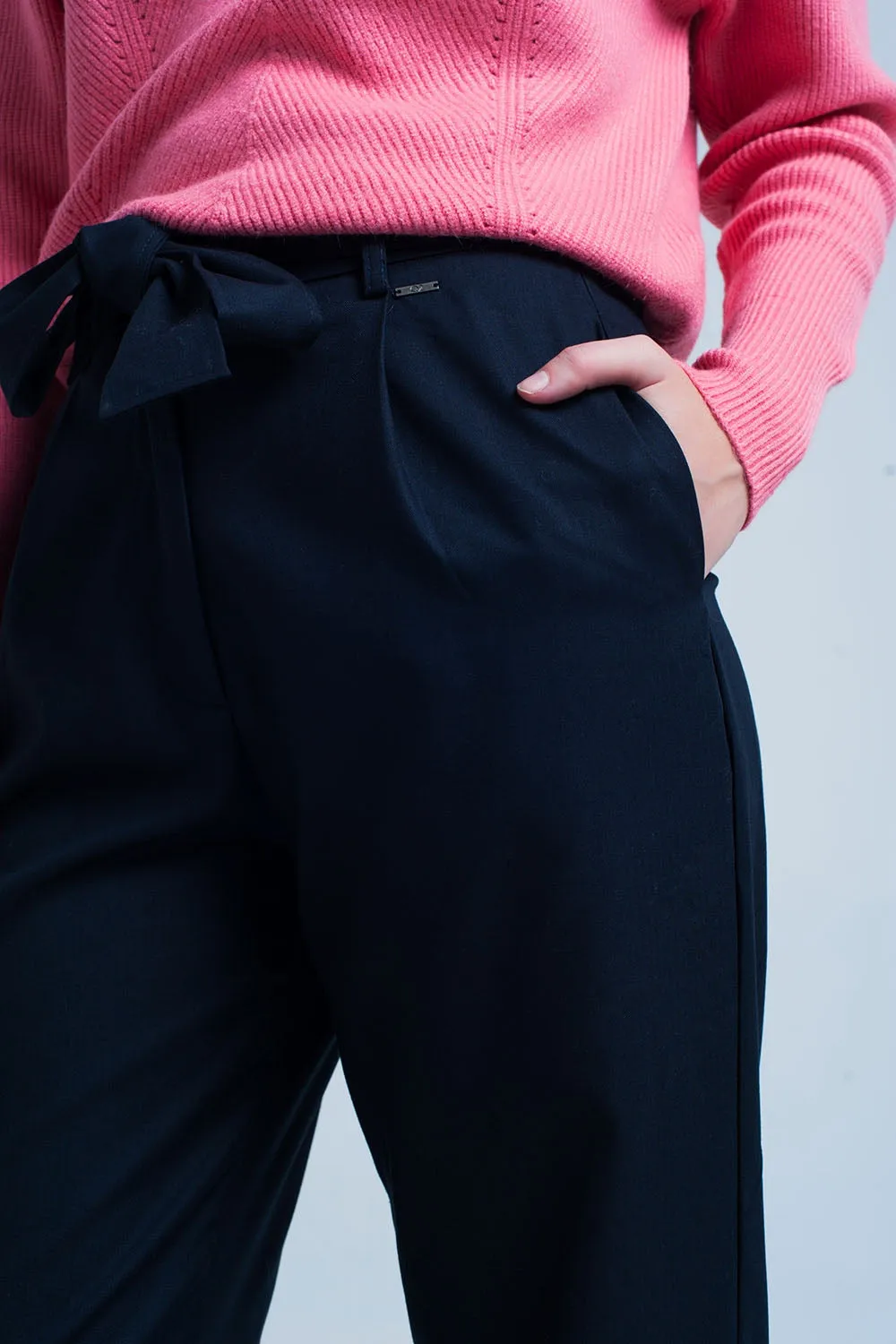 Navy Wide Pants with Bow Tie