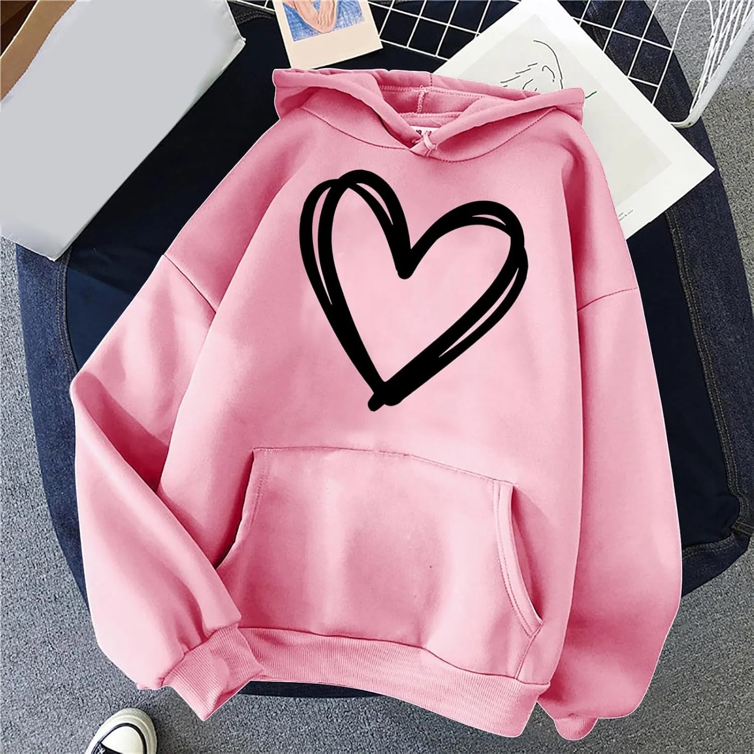 Oversized Women's Hoodies Print Love Heart 2024 Fashion Drawstring Long Sleeve Solid Pullover Sweatshirt with Pockets