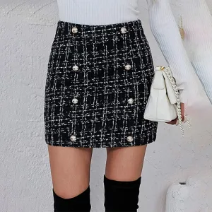 Plaid Pattern Zipper Back Tweed Straight Skirt