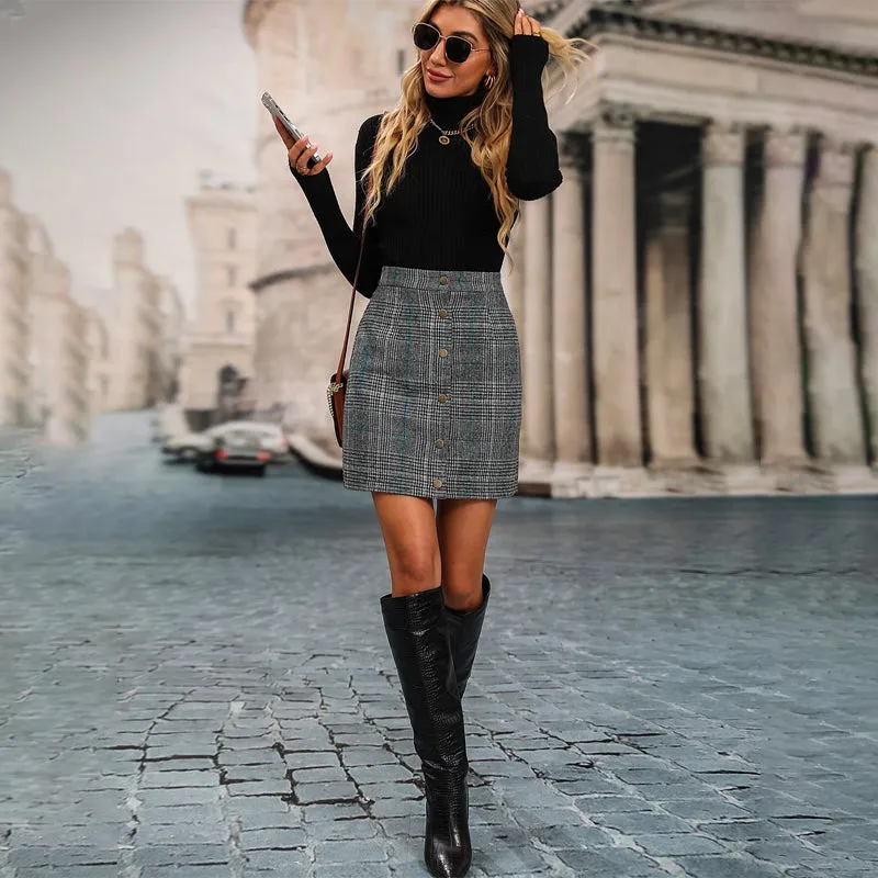 Plaid Print Button Front Skirt