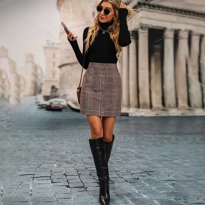 Plaid Print Button Front Skirt