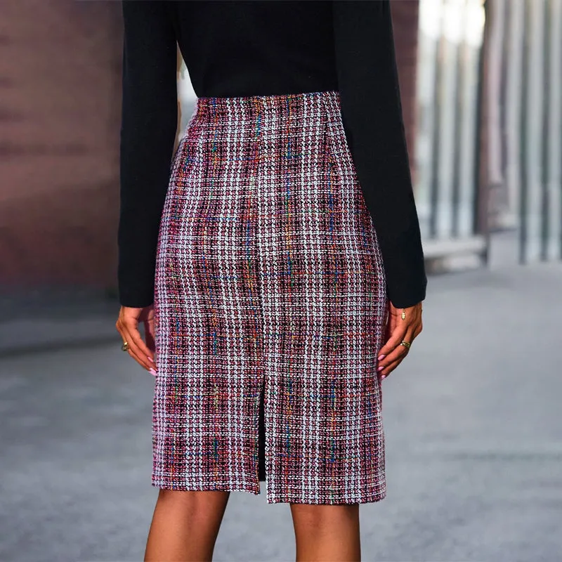 Plaid Split Back Tweed Straight Skirt