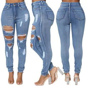 Sexy High Waist Ripped Zipper Skinny Denim Pants