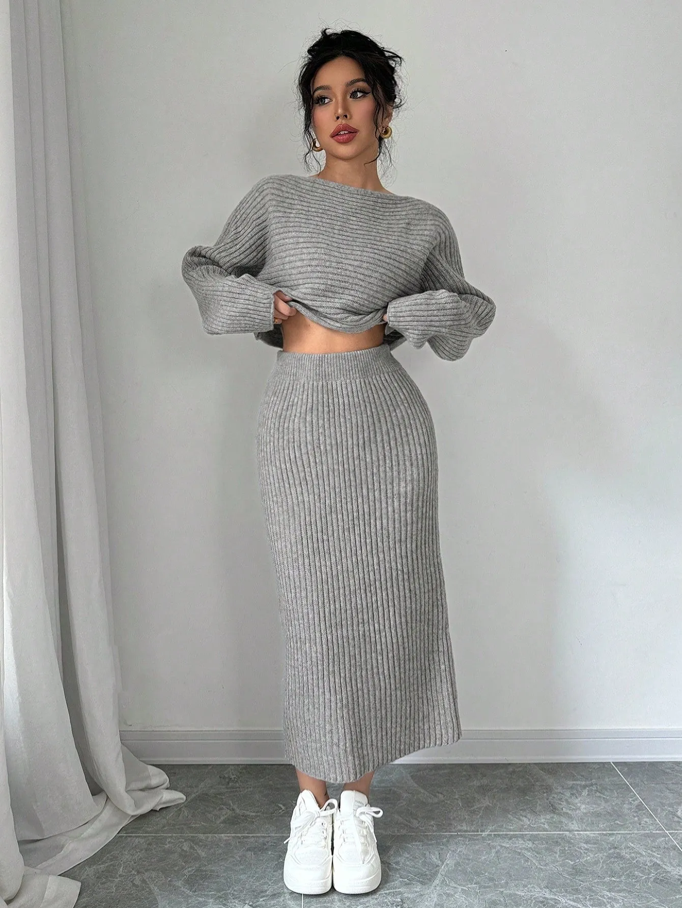 SHEIN Privé Casual Solid Color Batwing Sleeve Sweater Plus Skirt Two-Piece Set