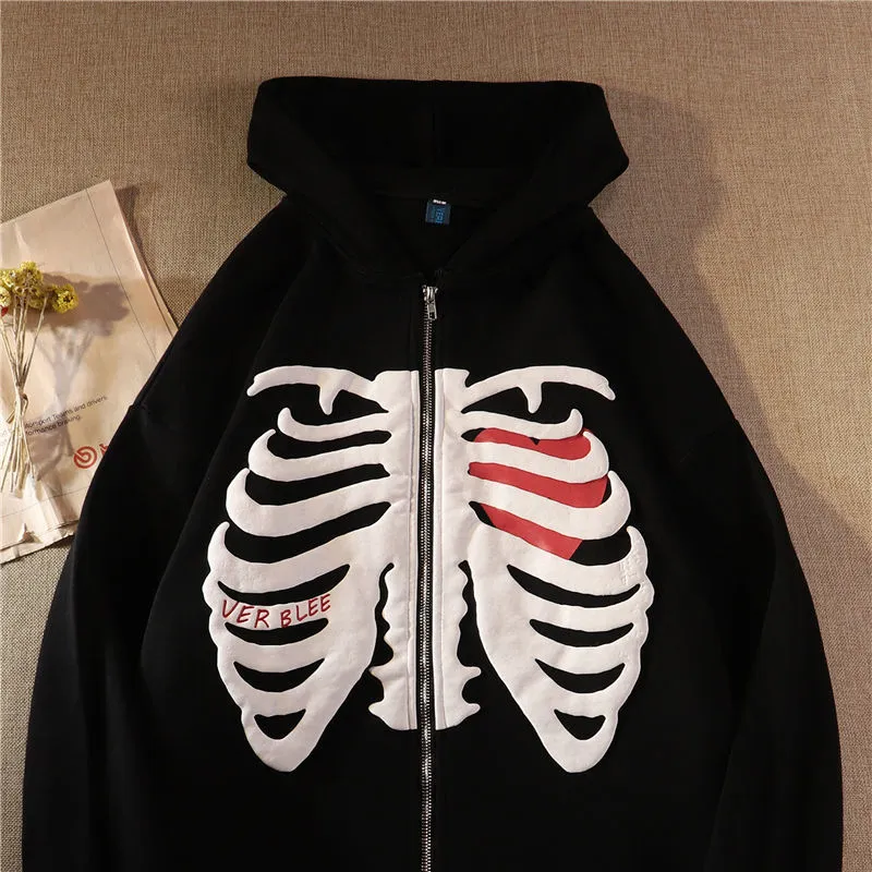 Skeleton Heart Zip-Up Hoodie
