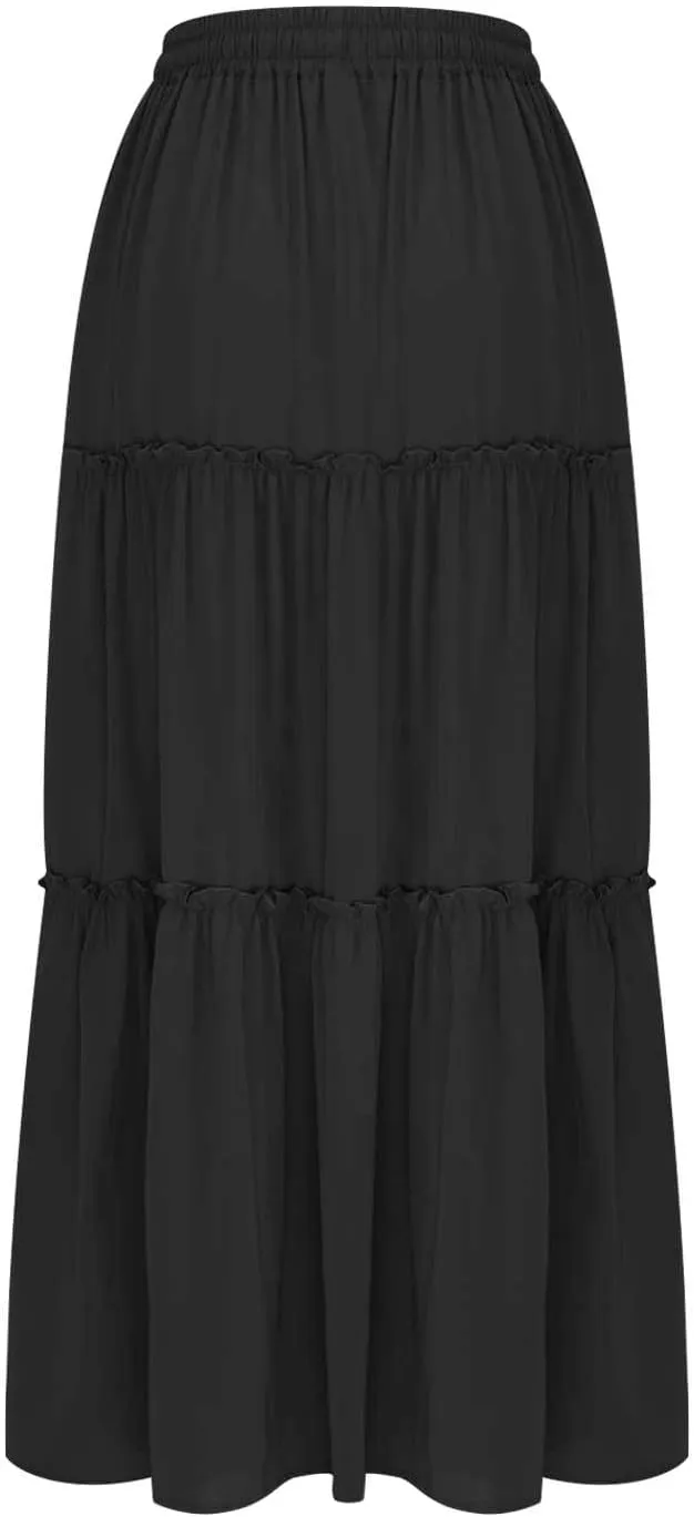 Skirts for Women Maxi Length Summer Skirts Flowy Long Skirt High Waisted Midi Skirt Tiered Beach Skirt with Pockets
