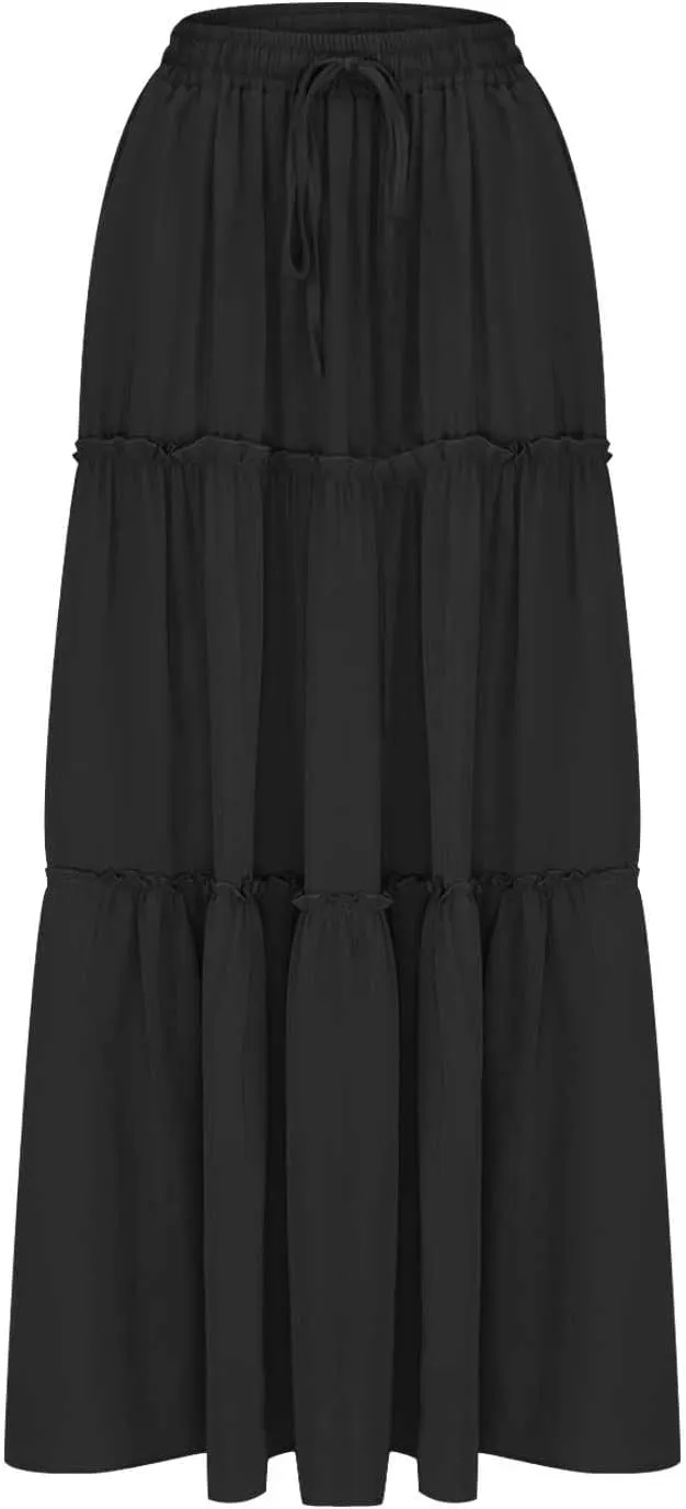Skirts for Women Maxi Length Summer Skirts Flowy Long Skirt High Waisted Midi Skirt Tiered Beach Skirt with Pockets