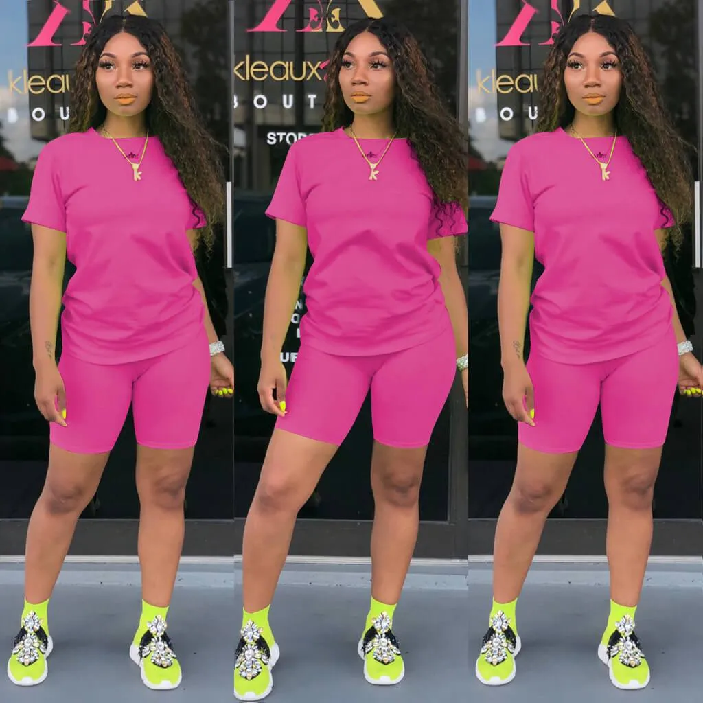 Sports Bright Color Skinny Short Sleeve Pants Sets