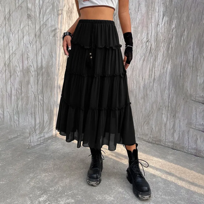 Tassel Tie Front Layered Hem Skirt