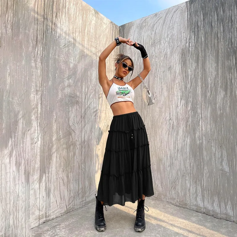Tassel Tie Front Layered Hem Skirt