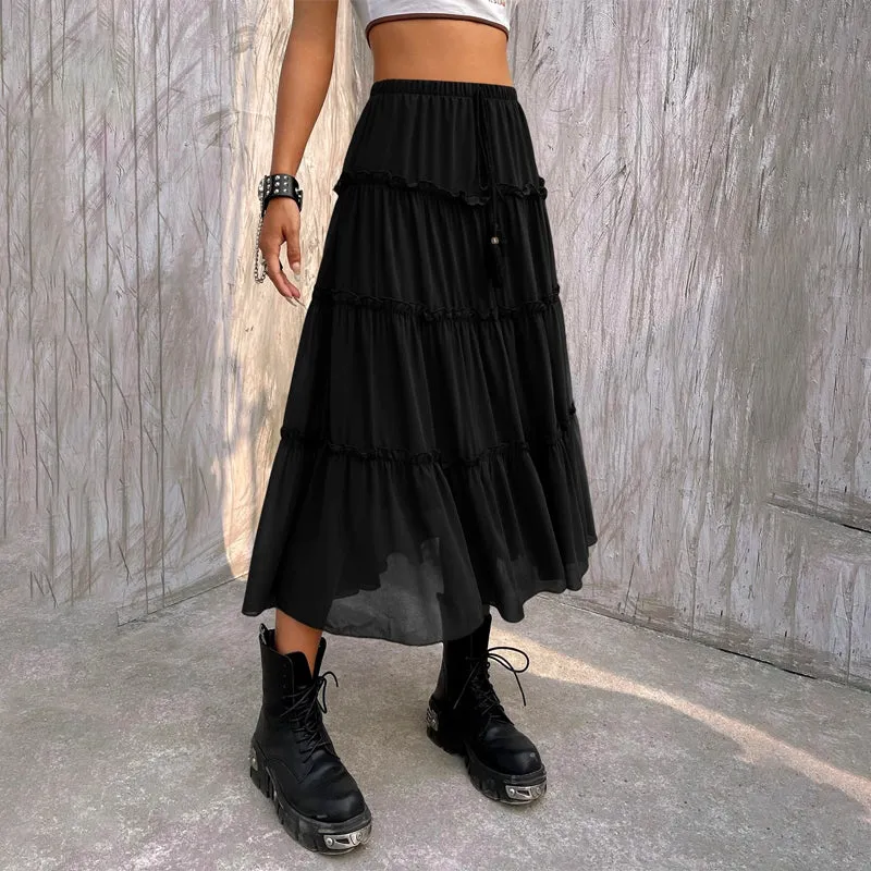 Tassel Tie Front Layered Hem Skirt