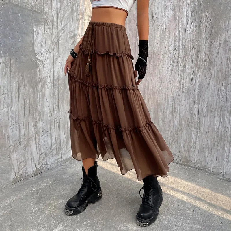 Tassel Tie Front Layered Hem Skirt