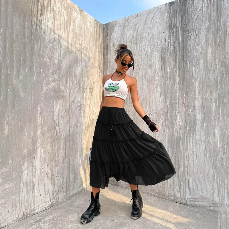 Tassel Tie Front Layered Hem Skirt