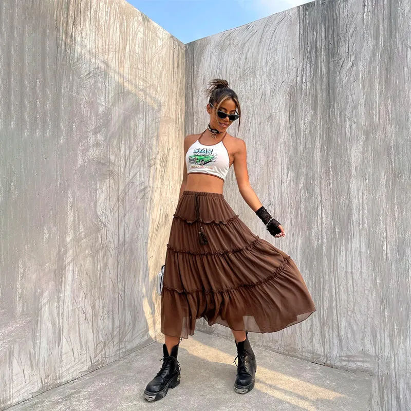 Tassel Tie Front Layered Hem Skirt