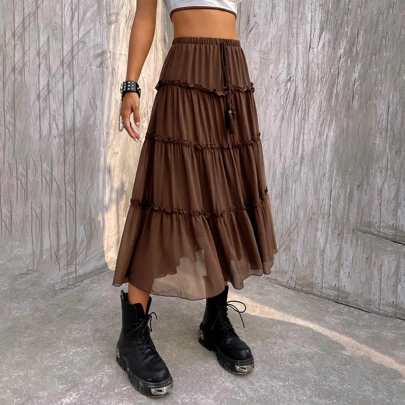 Tassel Tie Front Layered Hem Skirt
