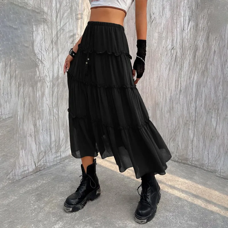 Tassel Tie Front Layered Hem Skirt